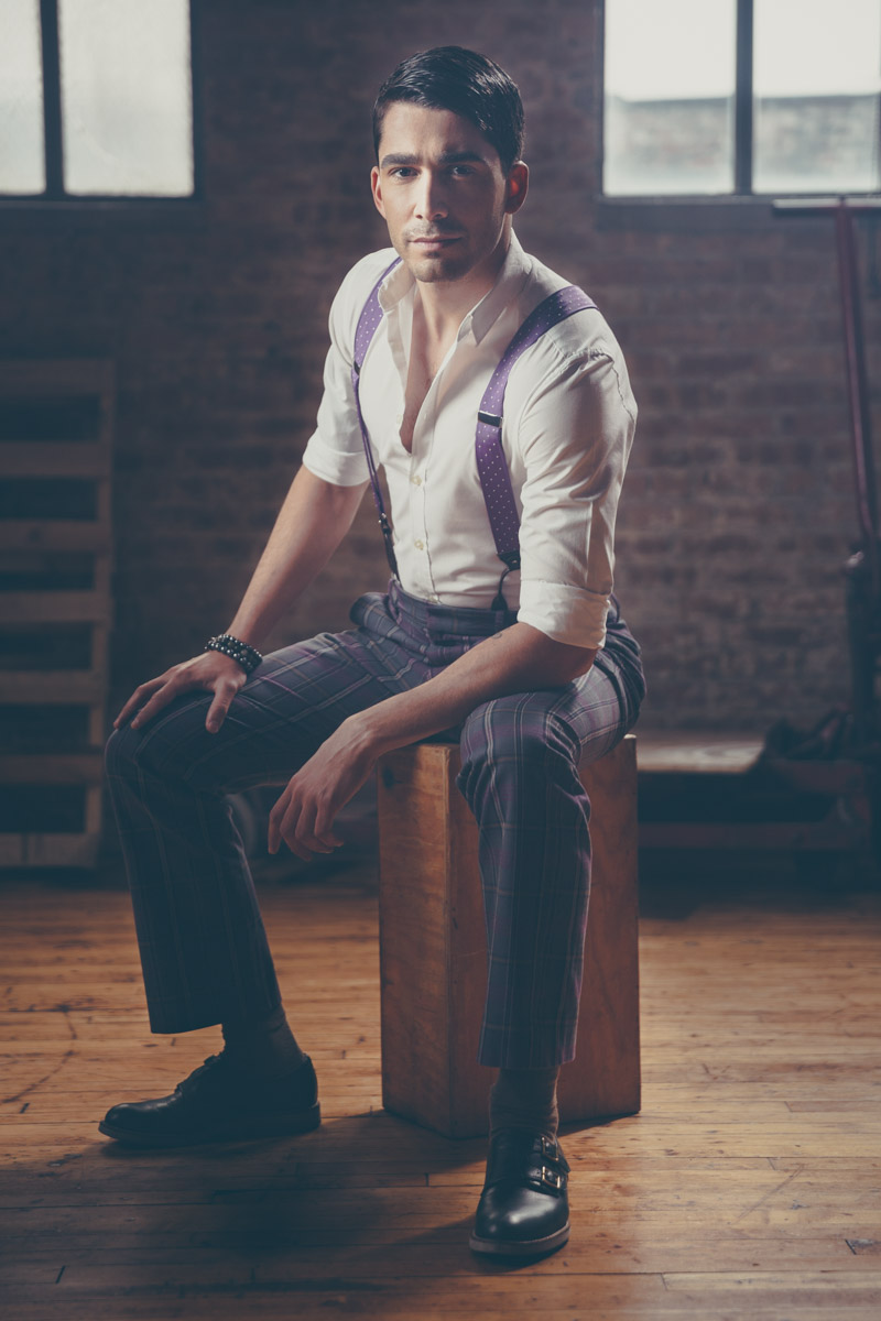 Chicago Fashion Photography male model suspenders headshot warehouse by photographer John Gress