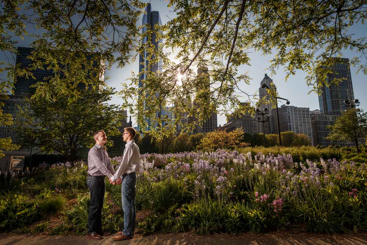 Illinois LGBT Wedding Photography engagement session with couple with the chicago skyline