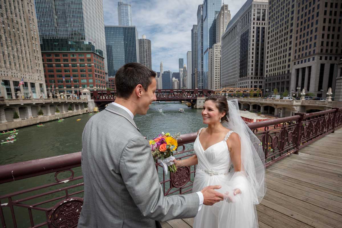 First look wedding photography on the Franklin Orleans Bridge over the Chicago River