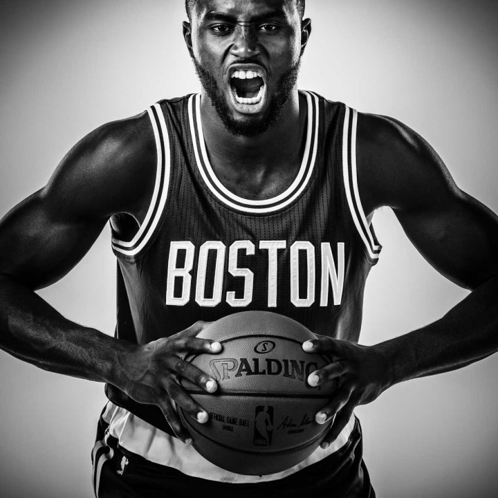 black & white portrait of Boston Celtics Jaylen Brown by Chicago photographer John Gress