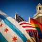 Chicago flag with us flag and rainbow flag