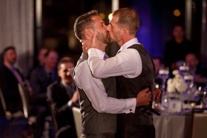 First kiss gay wedding at the Thompson hotel in Chicago