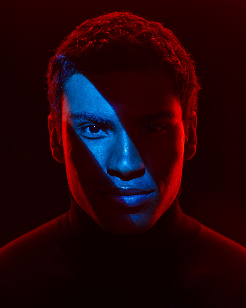 Dramatic Headshot with Red and Blue Lighting