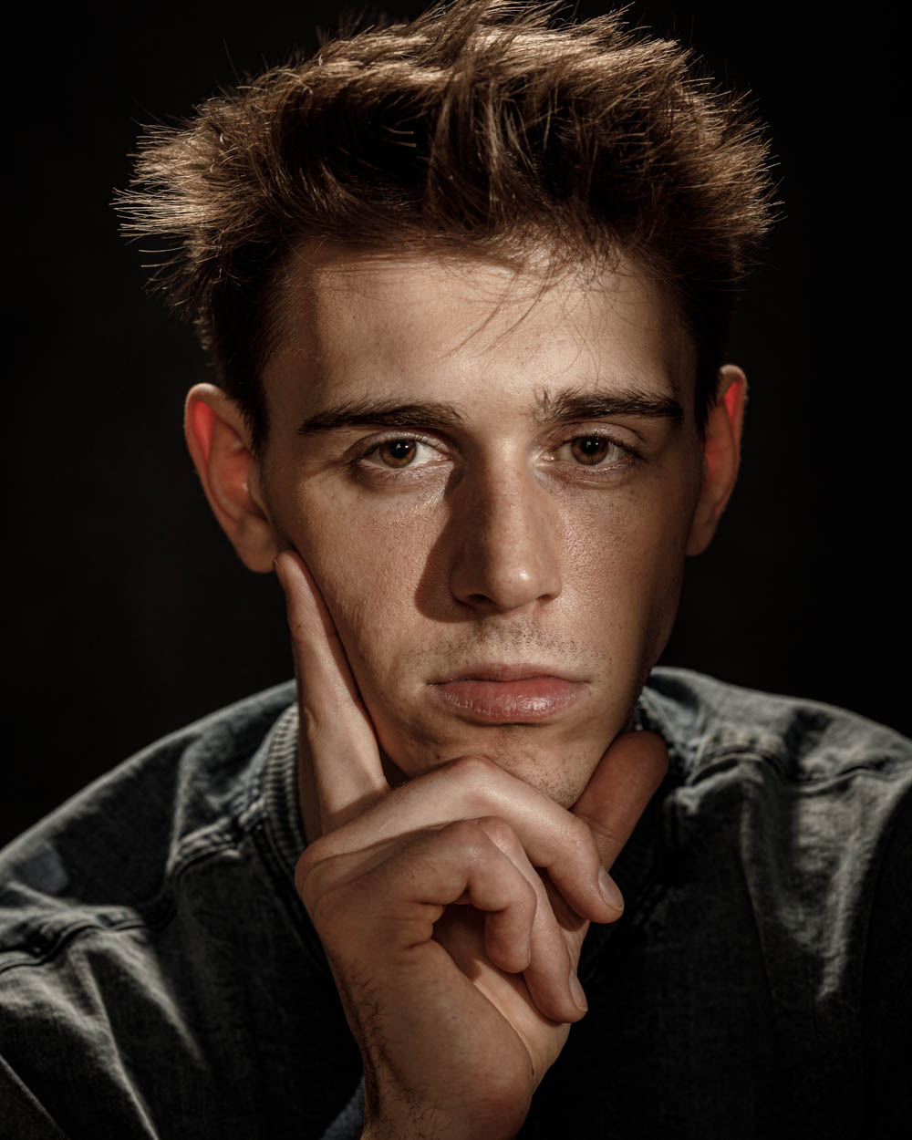 Intense close-up of Jonathan at our Chicago model photography studio