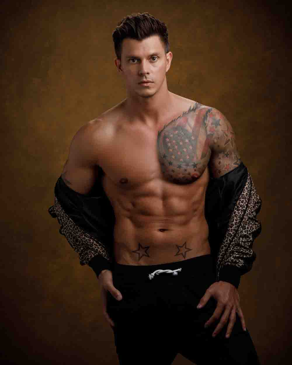 Artistic shirtless pose of Kenny for a model portfolio in Chicago
