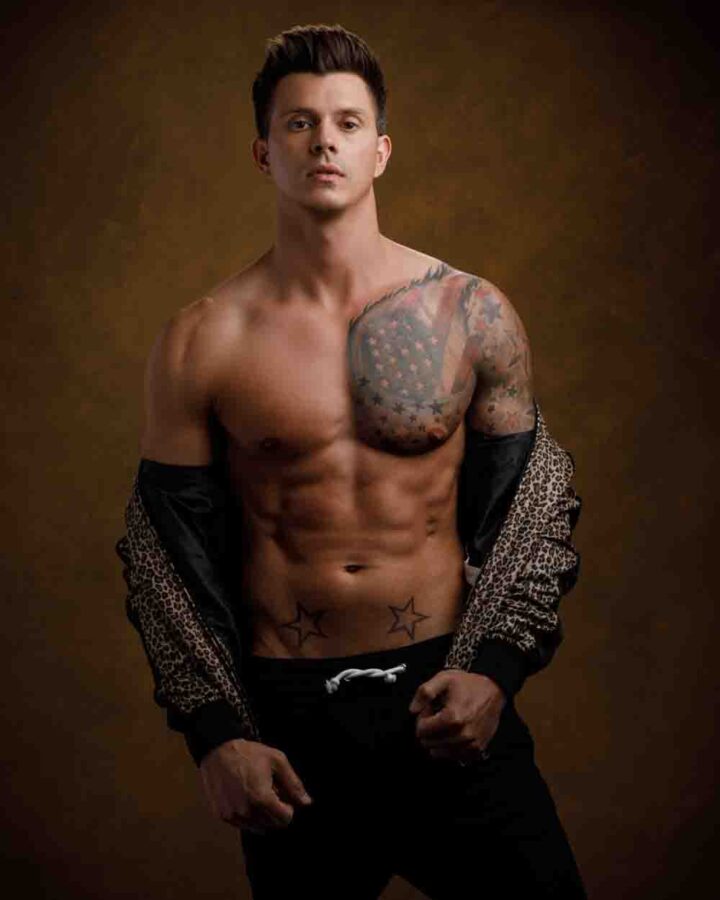 Artistic shirtless pose of Kenny for a model portfolio in Chicago