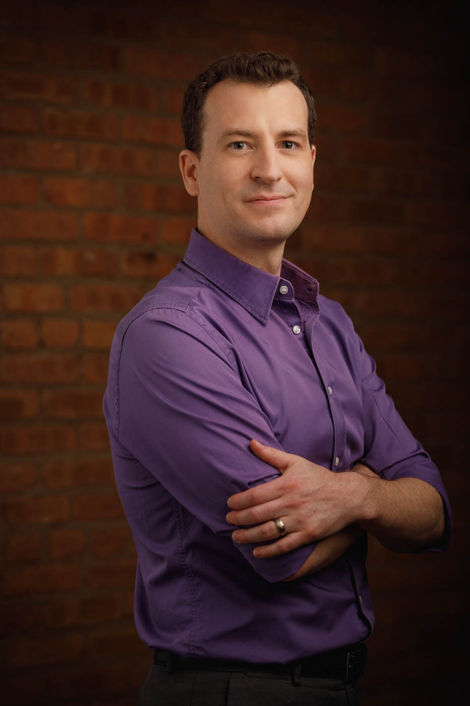 acting head shot Chicago, Stephen in purple shirt, professional actor's headshot