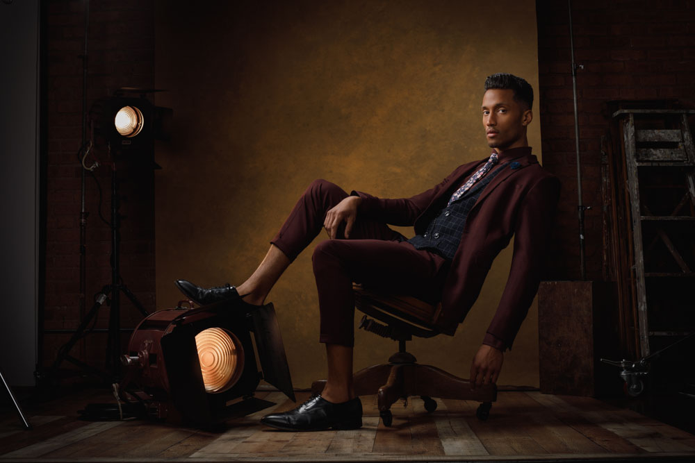 Modeling agency in Chicago - Julian in maroon suit for a full body portrait