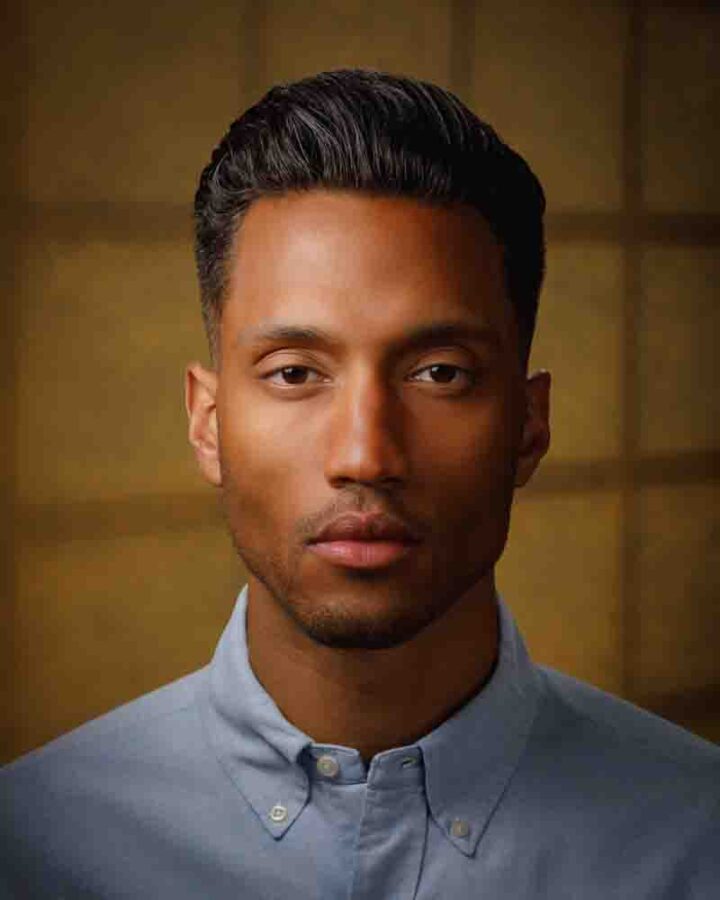 Julian's Headshot in Blue Shirt Created for a top modeling agency in Chicago