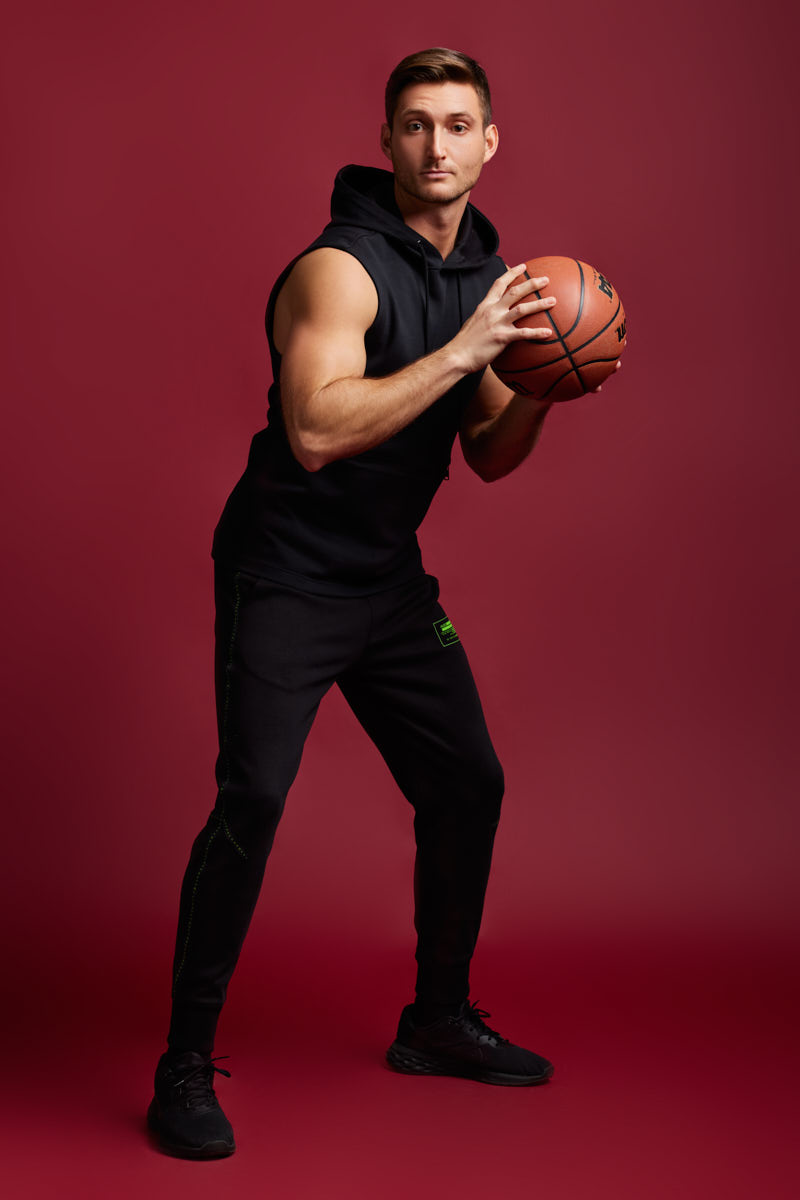 Dion's intense look in athletic wear, ideal for fitness modeling.