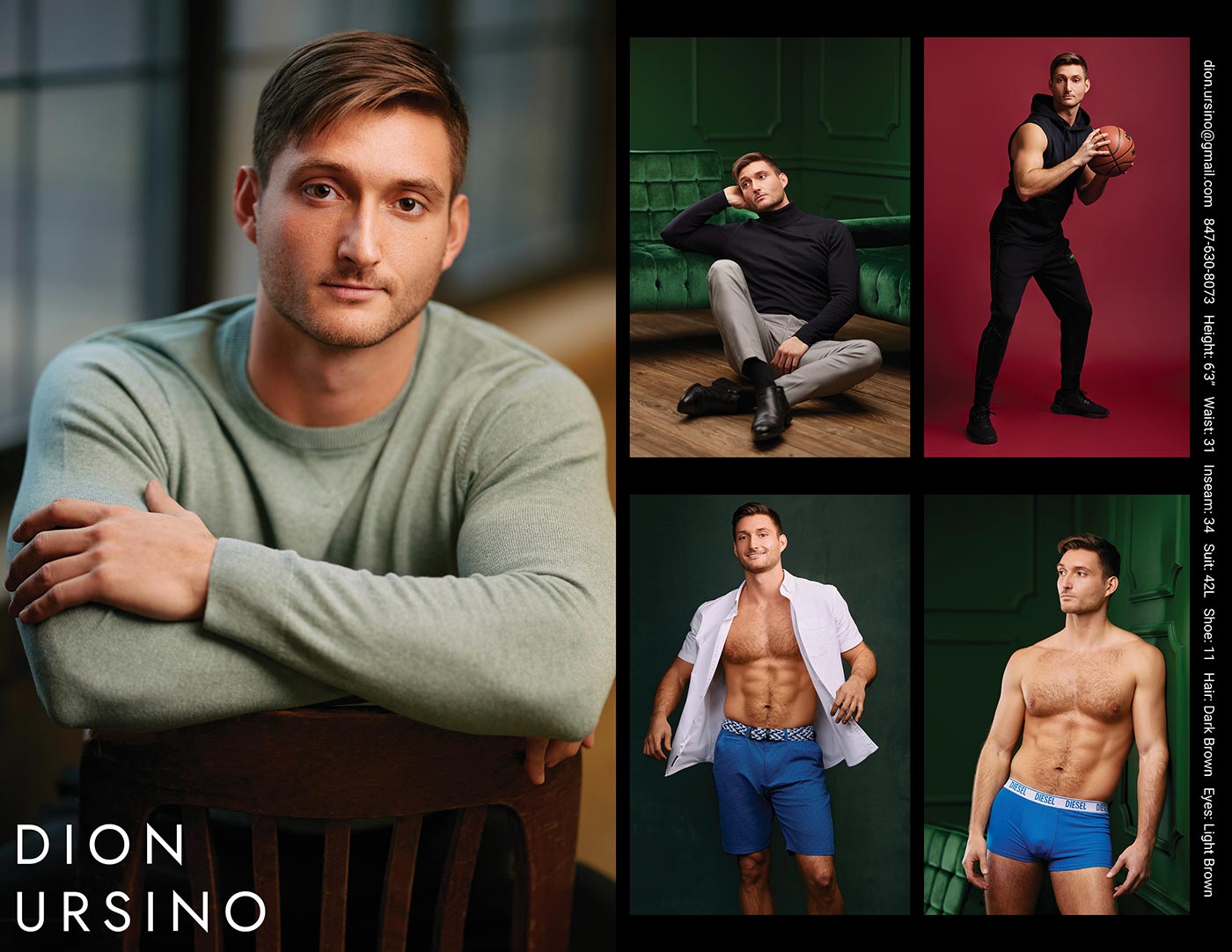 Dion's compcard showcasing a variety of looks from casual to athletic to formal, highlighting the versatility captured through model compcard photography in Chicago.
