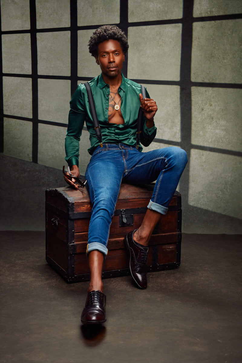 Fashion photographer for male models in Chicago-Chris during his fashion photoshoot in Chicago with John Gress, showcasing versatility in different looks.