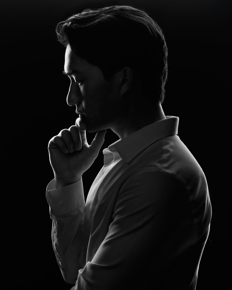 Cinematic headshot photography in Chicago black and white profile portrait