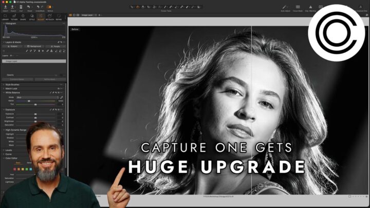 John Gress demonstrates Capture One AI retouching on a black and white portrait.