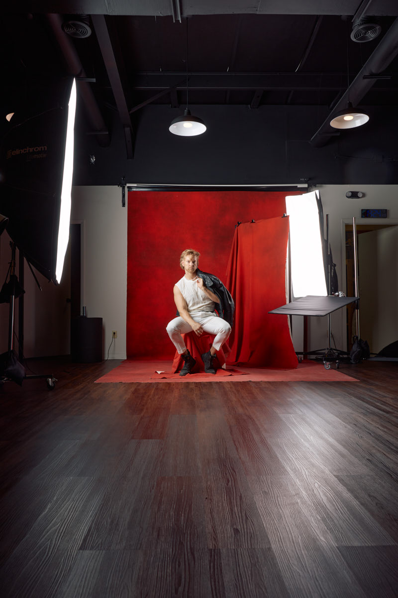 Behind-the-scenes editorial headshot photographer in Chicago setup with Nick and professional flash lighting